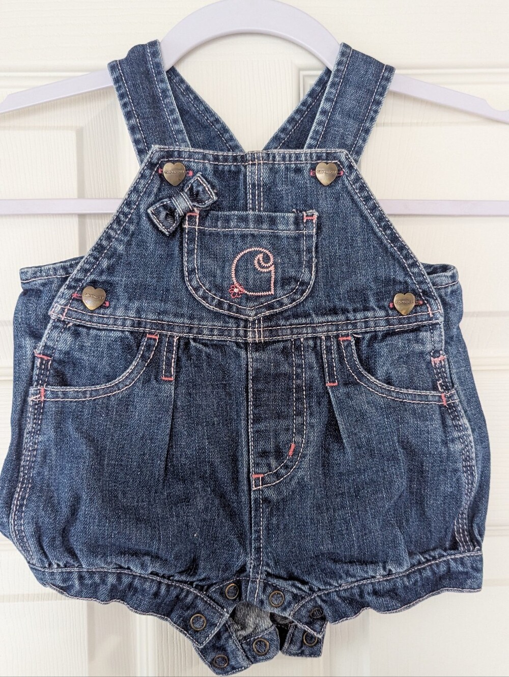Carhartt Girls Dark Blue Denim Shortall with Pink Stitching